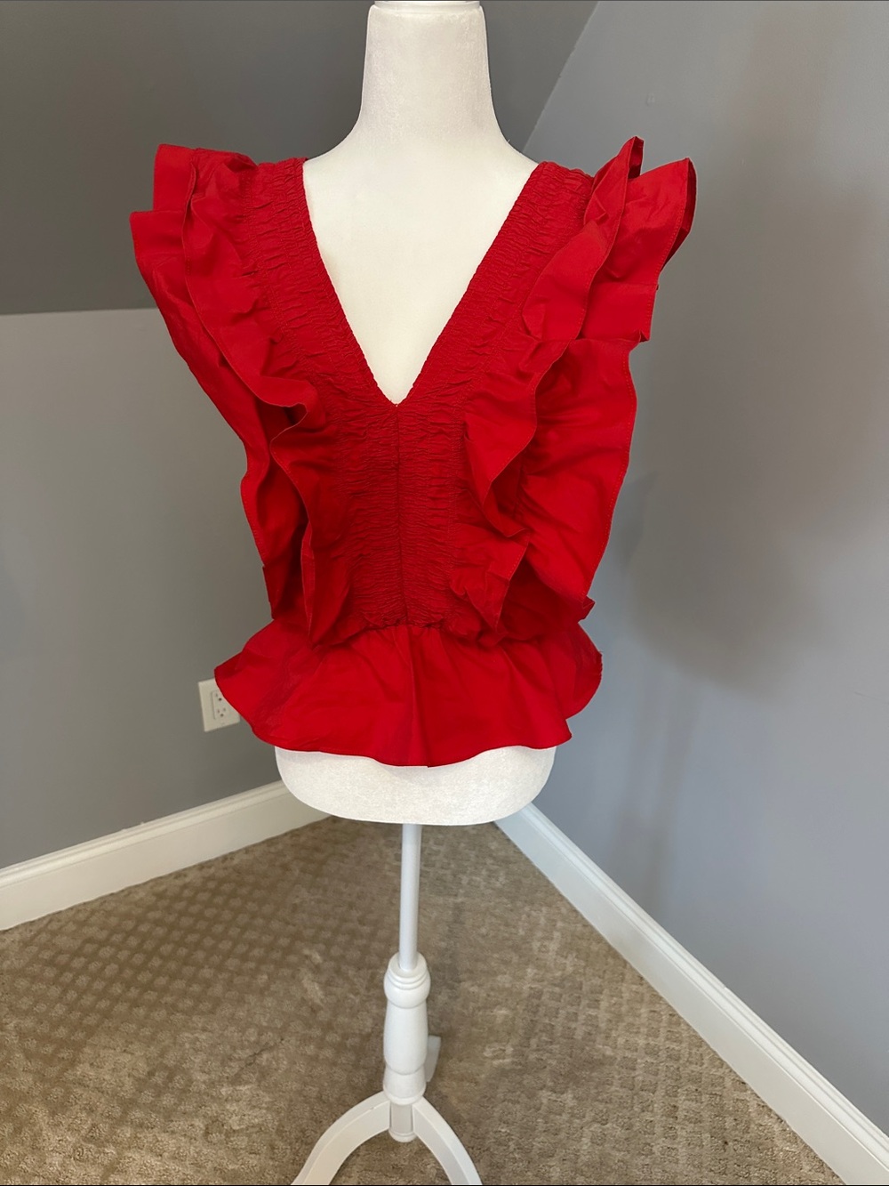 V-Neck Red Ruffle Peplum Blouse